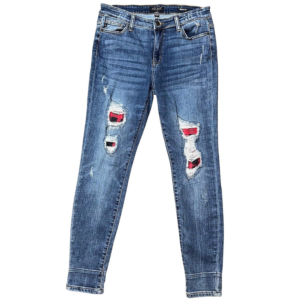 Judy Blue Skinny Fit Distressed Plaid Patch Jeans Medium Wash 11/30